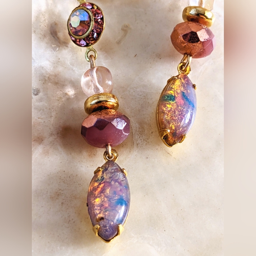 Victorian Pink AB & Opal Crysfal & Glass Artisan Handmade Gold Plated Earrings - Picture 7 of 9
